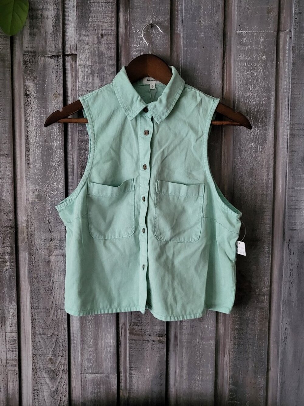 Sage Green Tencel Blend Sleeveless Cropped Button Up Shirt Small NWT